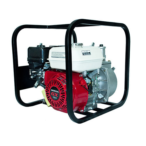 Cargue la imagen en el visor de la galería, Motobomba autocebante con cuerpo de aluminio y a gasolina, HONDA, 5.5 HP/GX, retráctil, 2&quot; x 2&quot;, con estructura, uso agrícola
